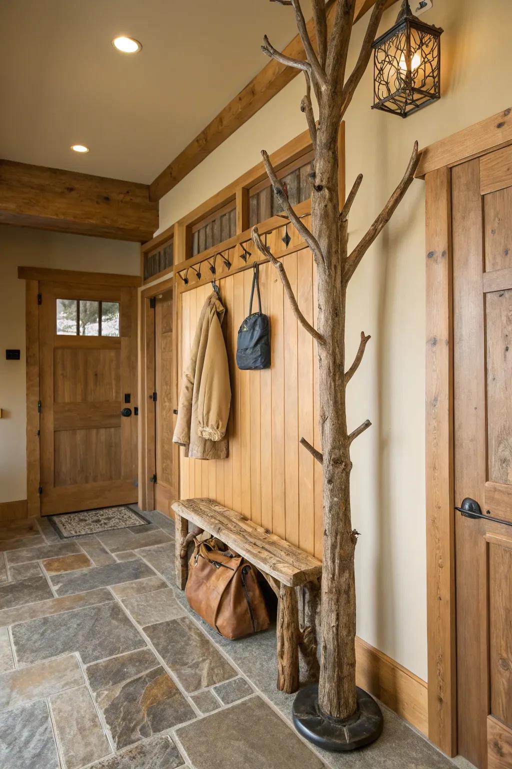 A rustic coat rack made from wooden branches, enhancing the natural feel of the entryway.