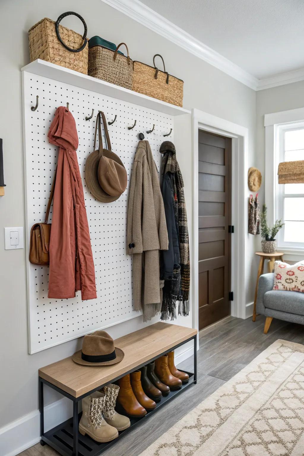 A pegboard offering flexible and customizable storage.