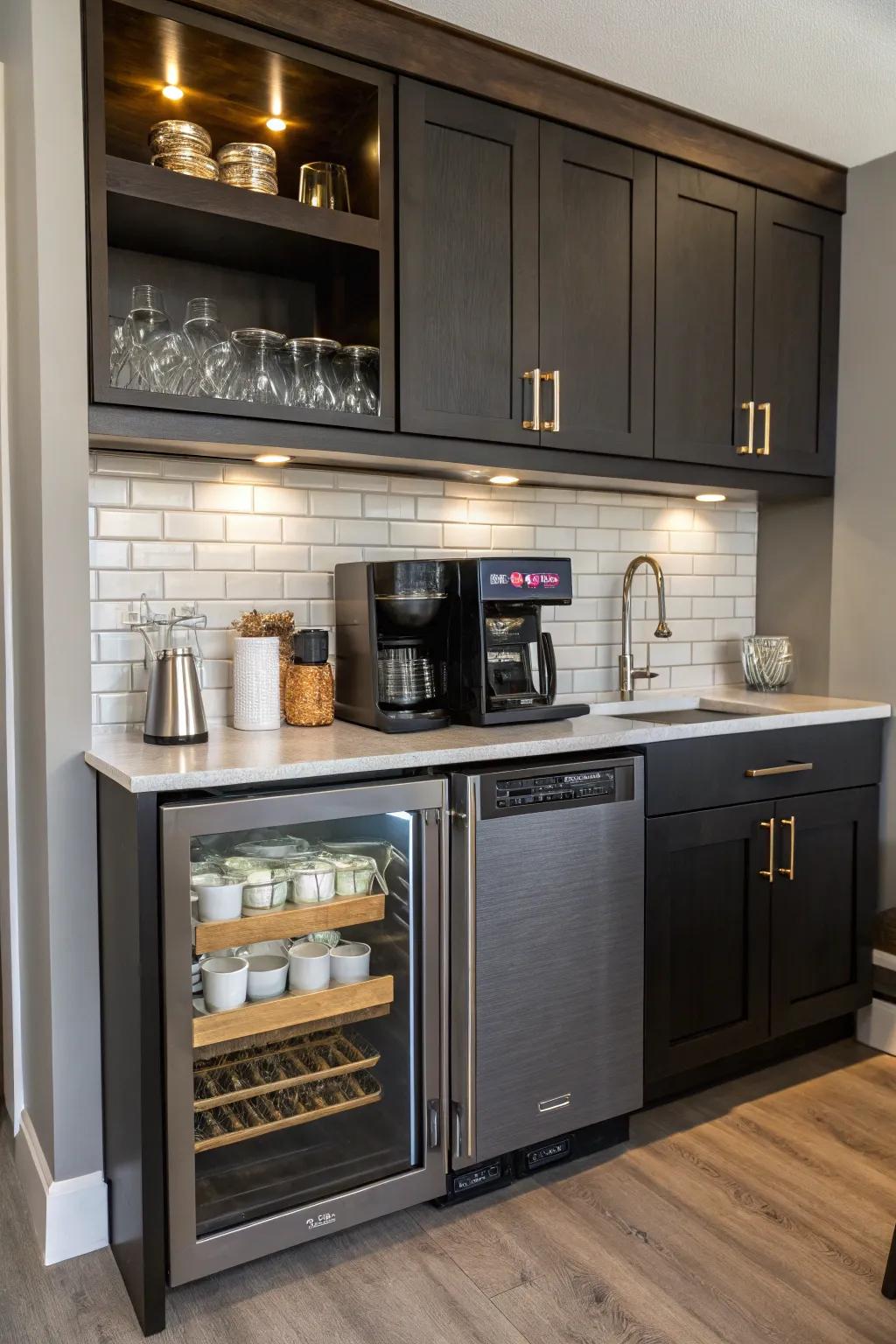 A seamless built-in coffee bar with a mini fridge.