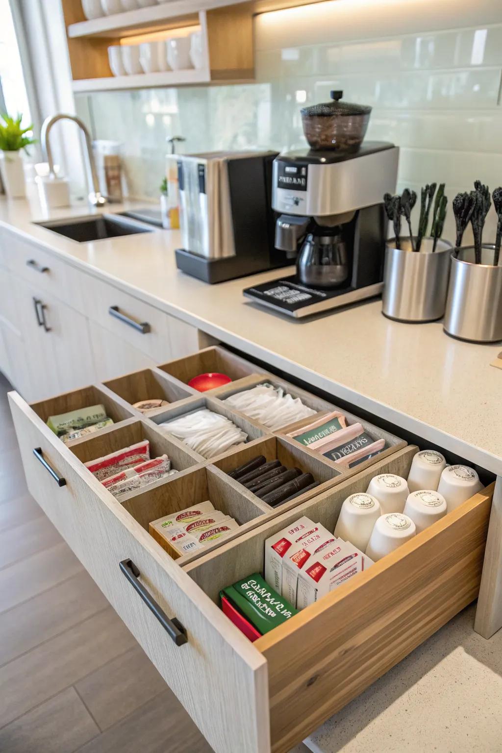 Condiment compartments simplify your coffee preparation.