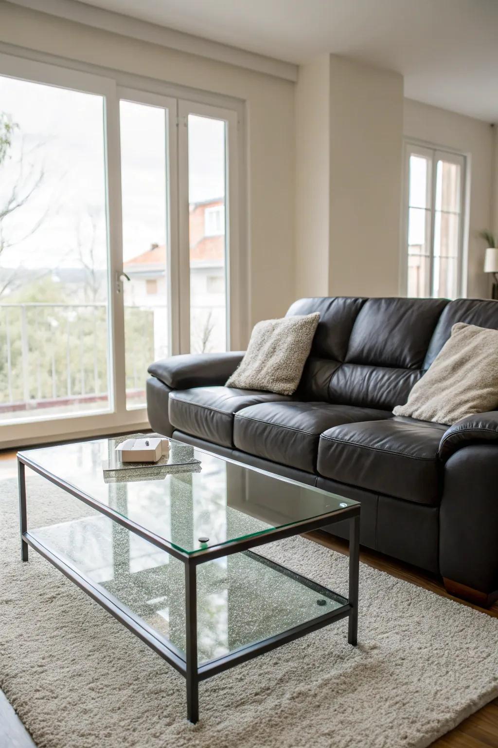 Glass tables add an airy elegance to compact spaces.