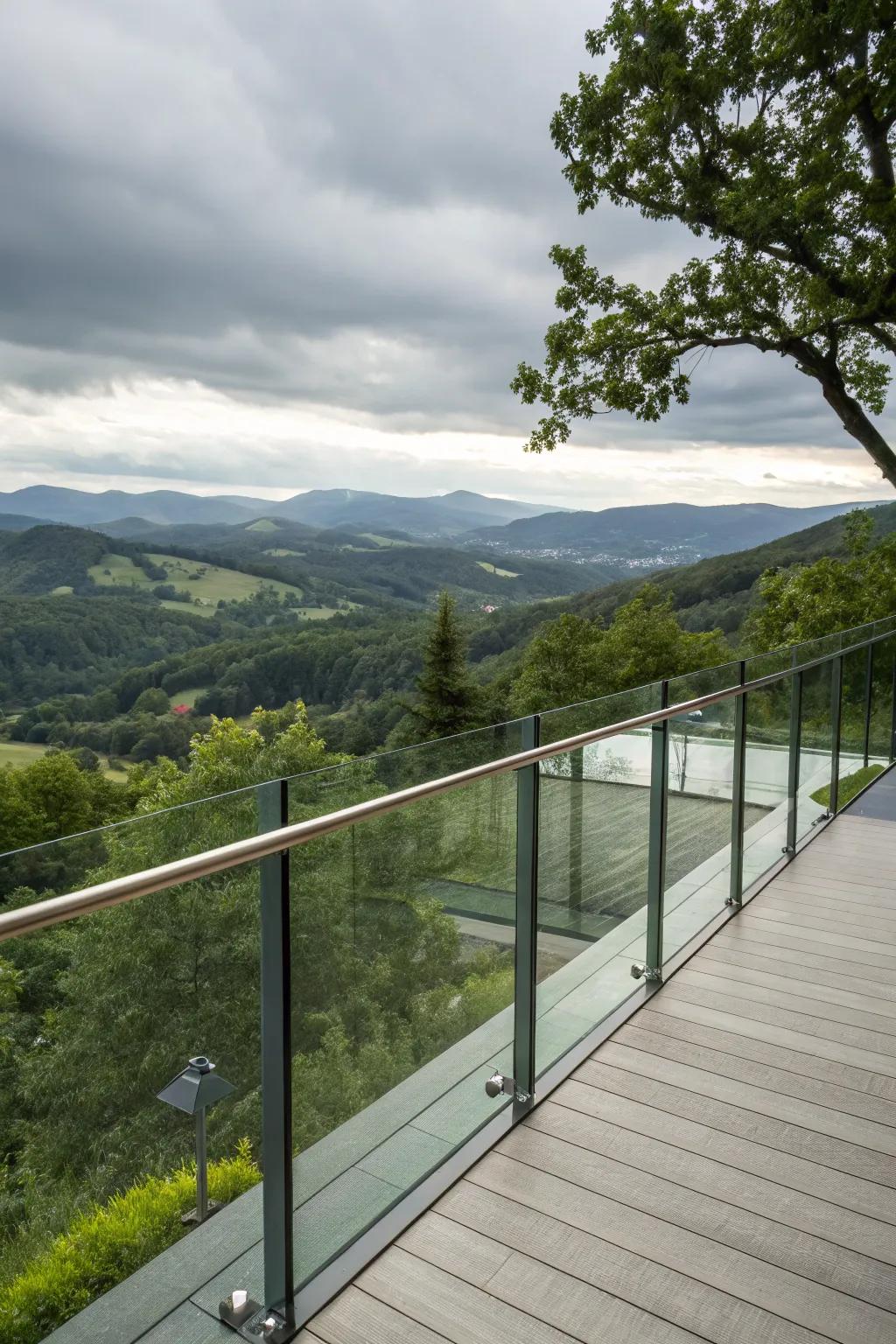 Glass railings offer safety while showcasing breathtaking natural landscapes.