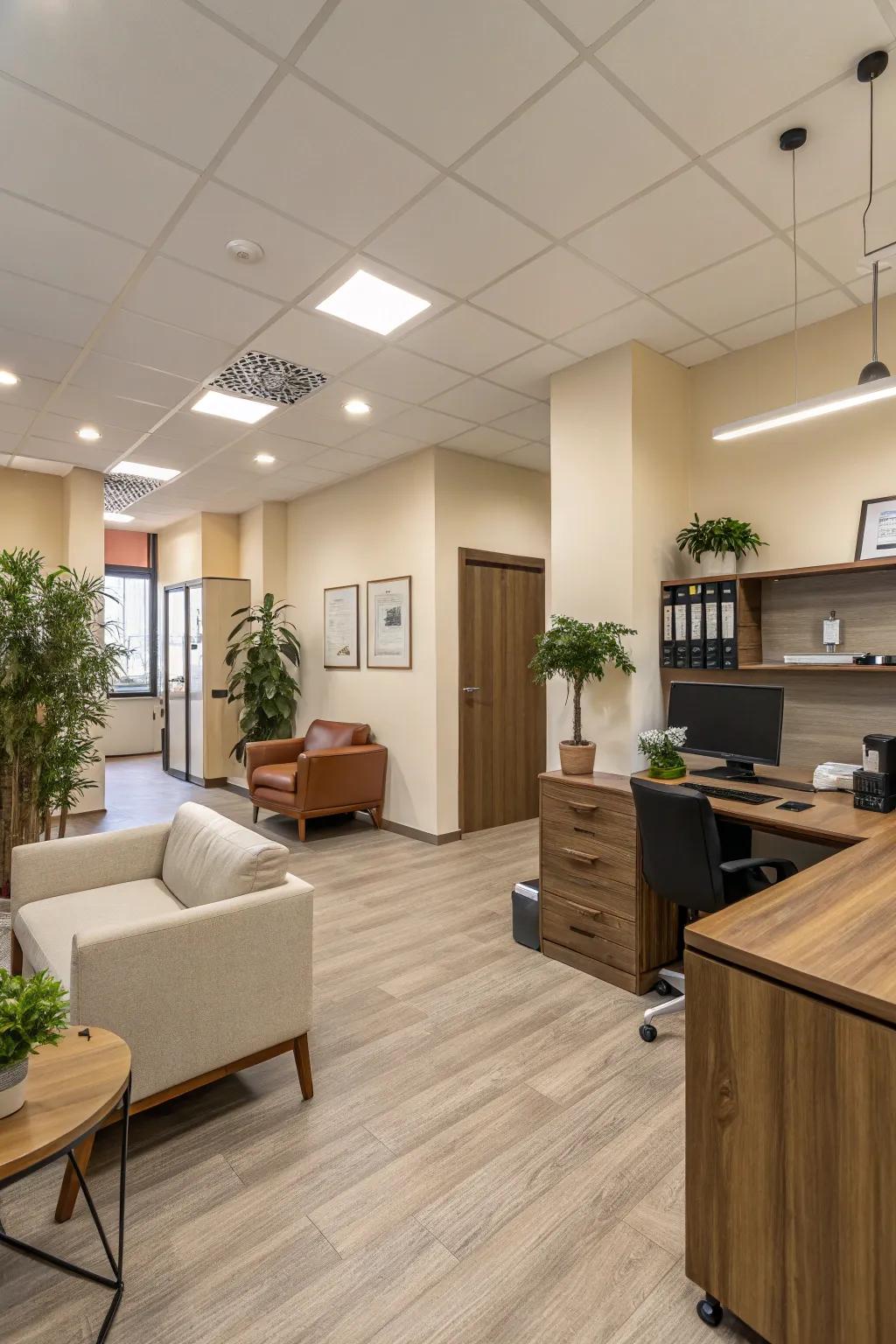 An office interior featuring a neutral color palette with earthy accents.