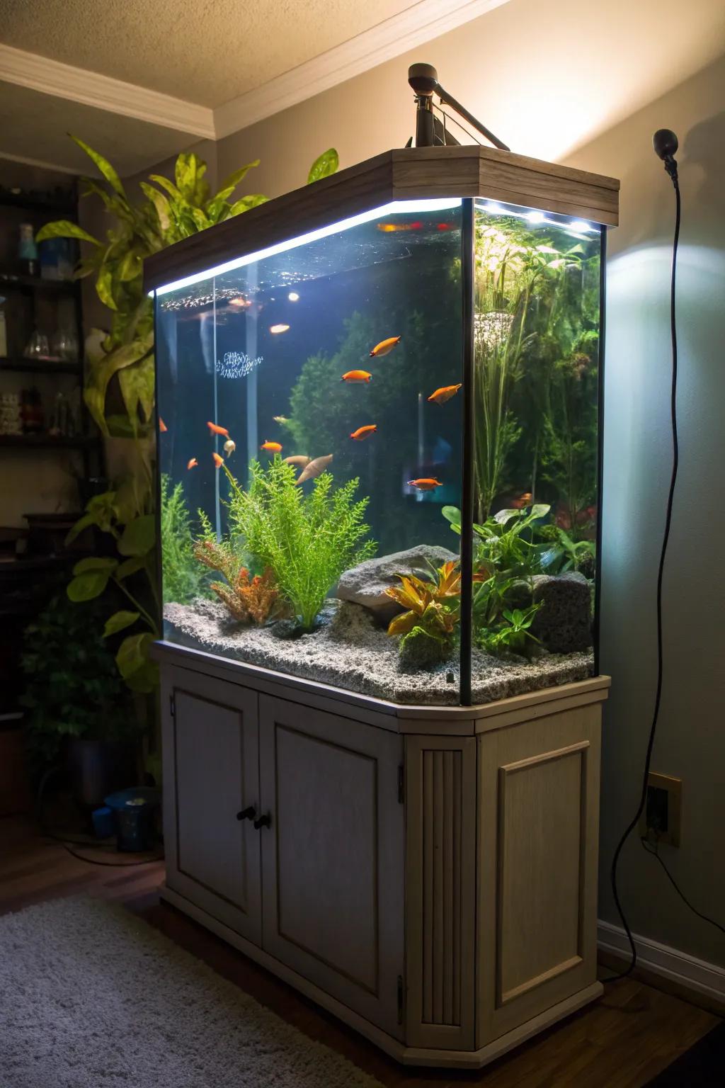 LED lighting brings out the vibrant colors of fish and plants in a corner tank.