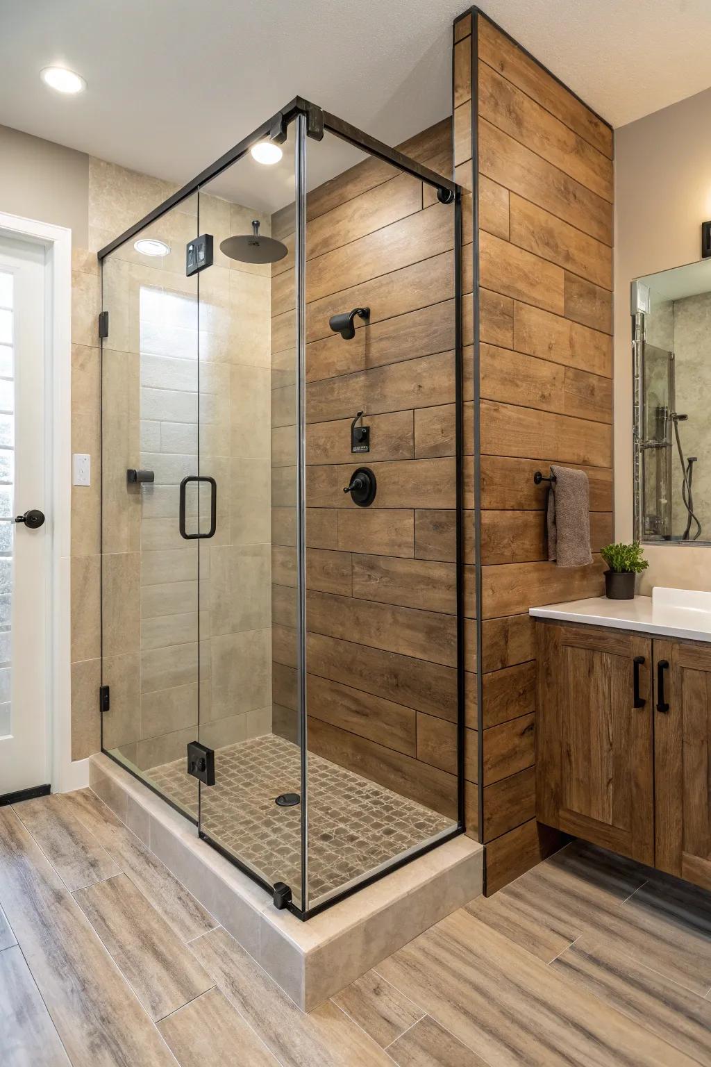 Wood-look tiles bring warmth and coziness to your corner shower.