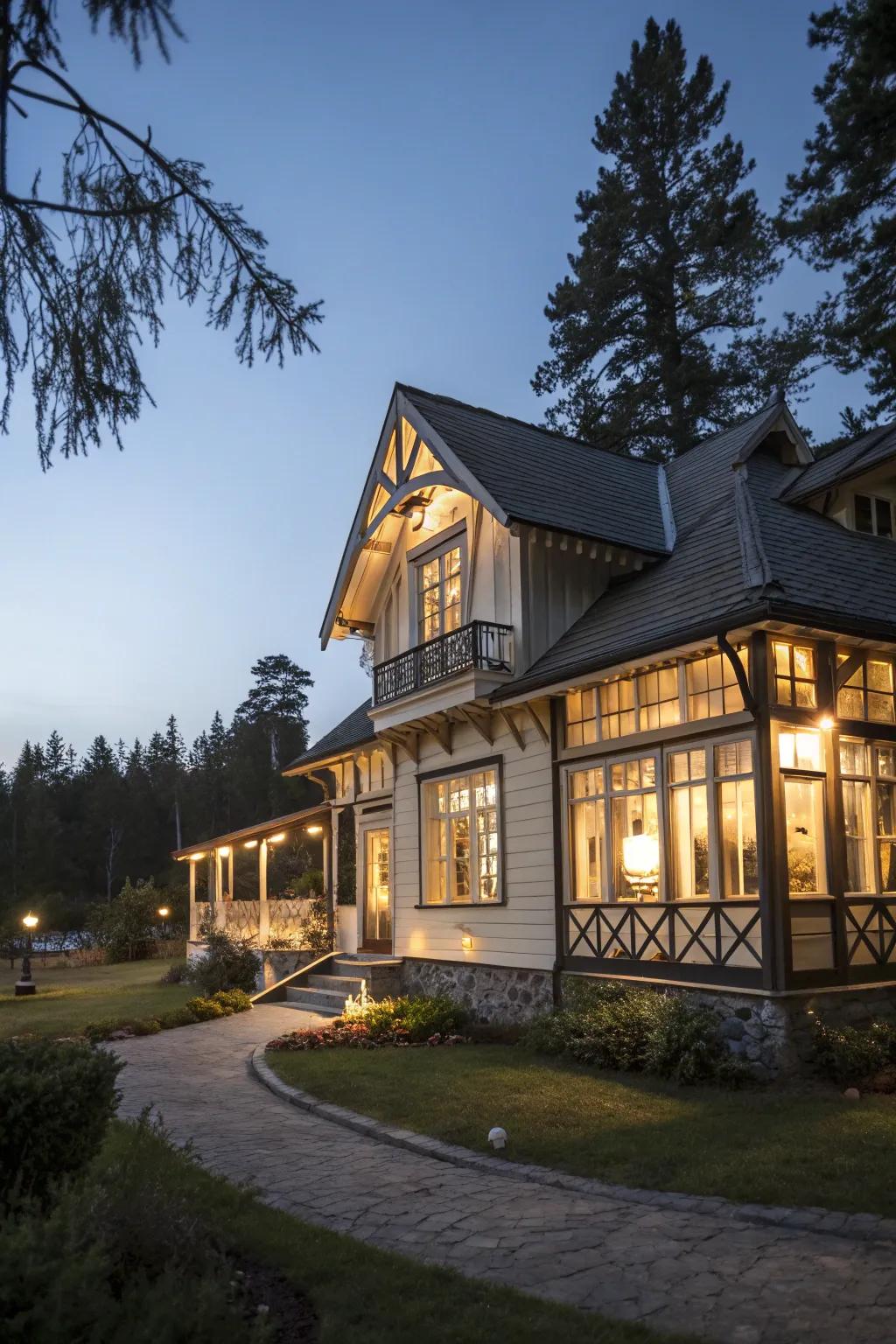 Architectural features beautifully highlighted by spotlights.