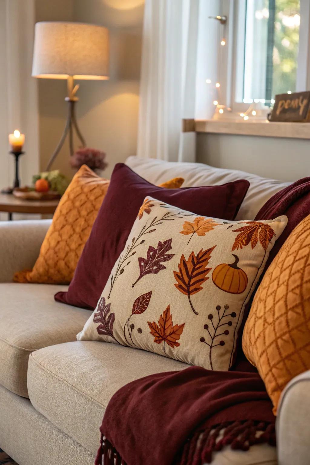 Seasonal pillows add a festive touch to your decor.