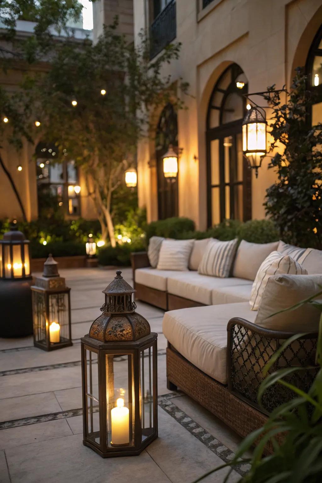 Lanterns add a soft, intimate glow to a courtyard seating area.