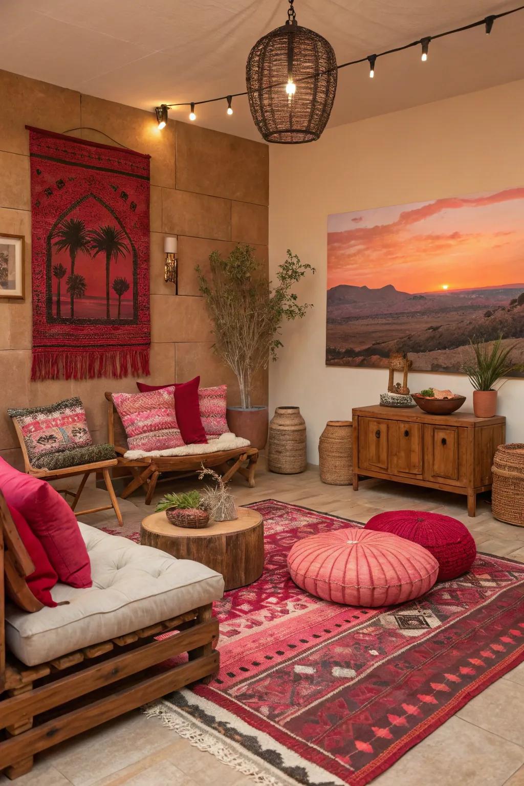 Earthy tones with vibrant accents create a warm atmosphere.