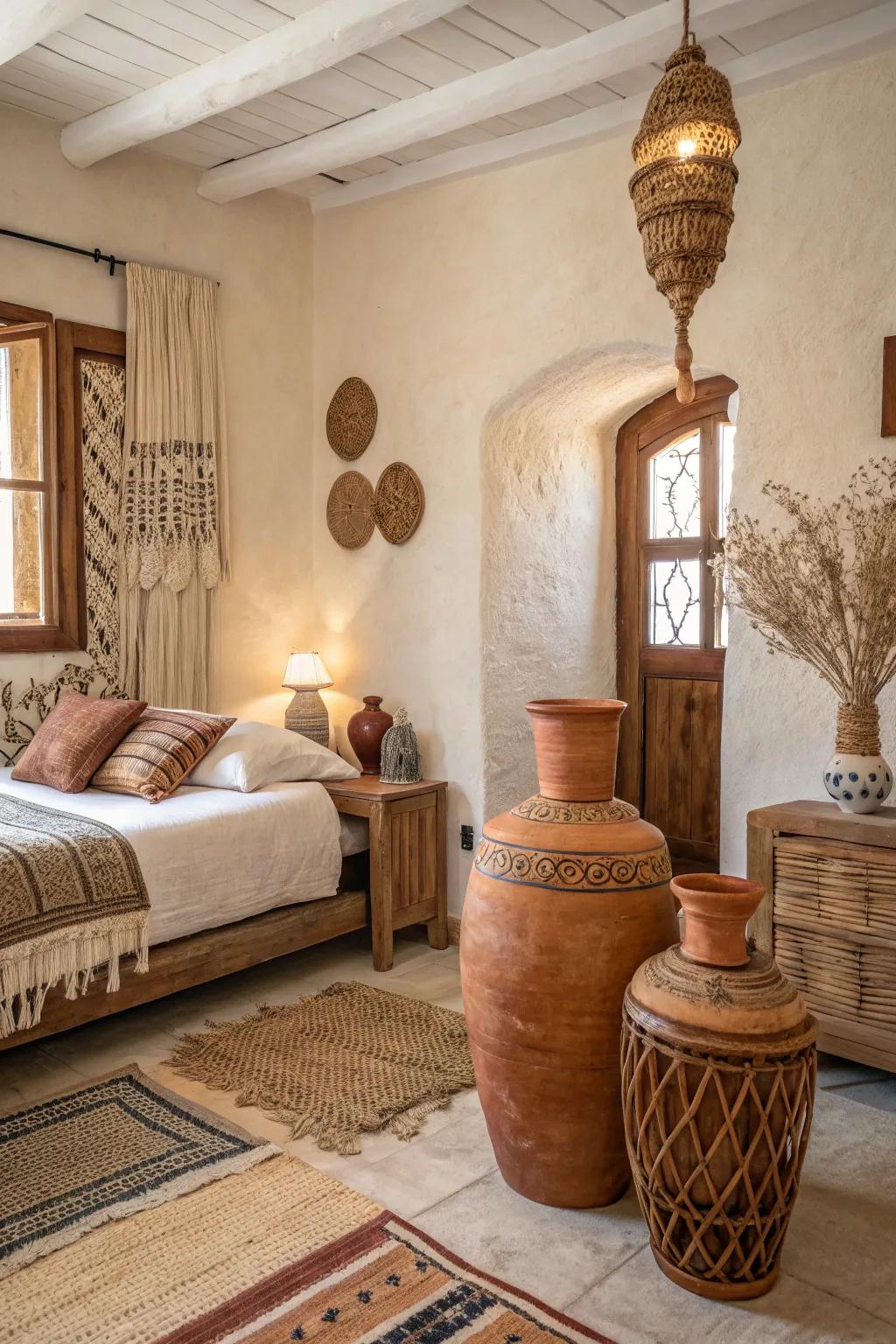 A bedroom enhanced by earthy terracotta vases and warm-toned decor.