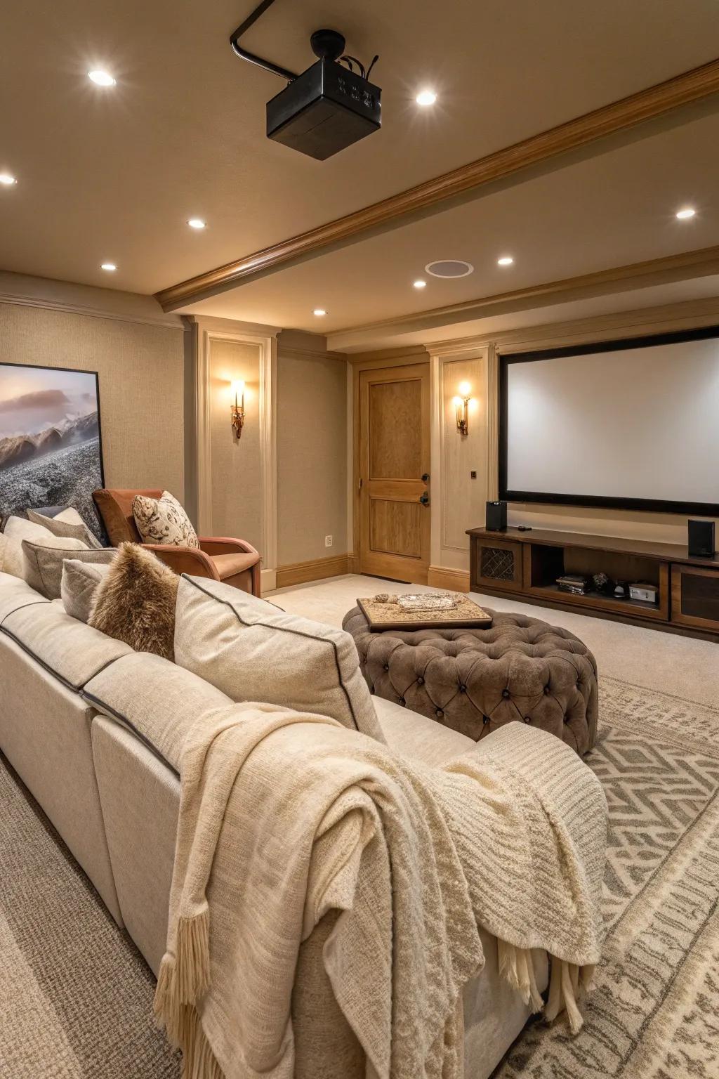 Warm colors and soft textures make your cinema room inviting.