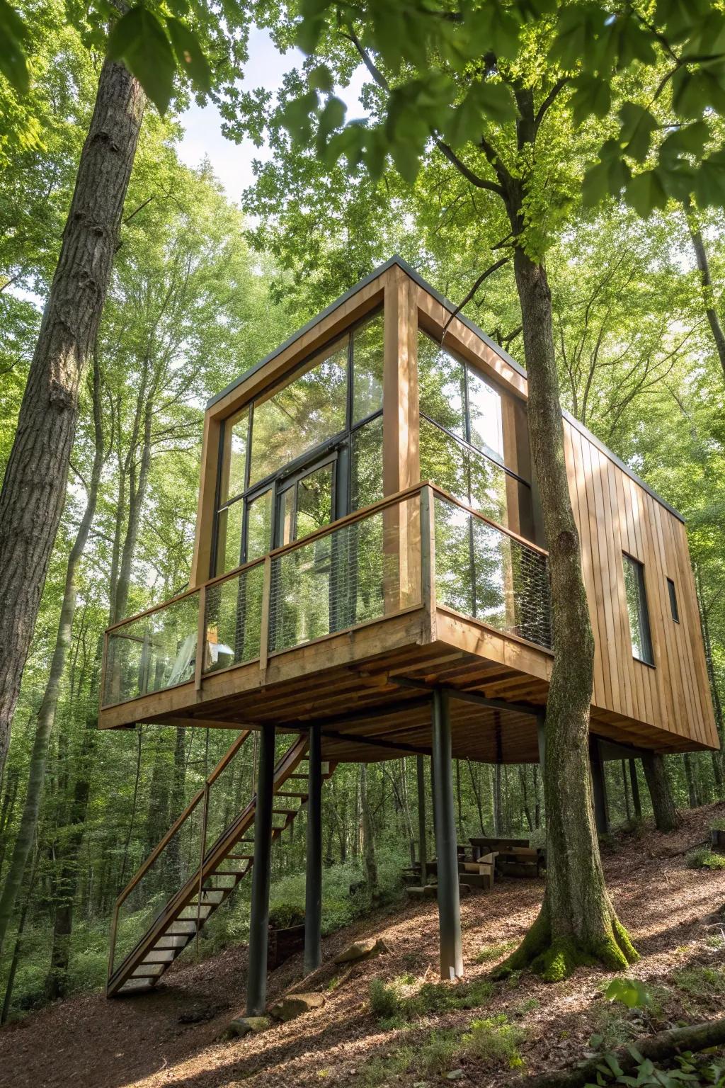 A charming treehouse design that marries sophistication with the magic of nature.