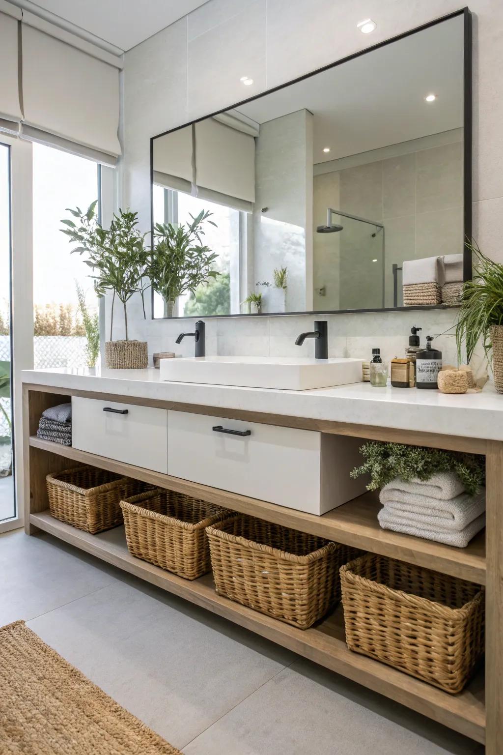 A floating vanity offers both style and practical storage space.