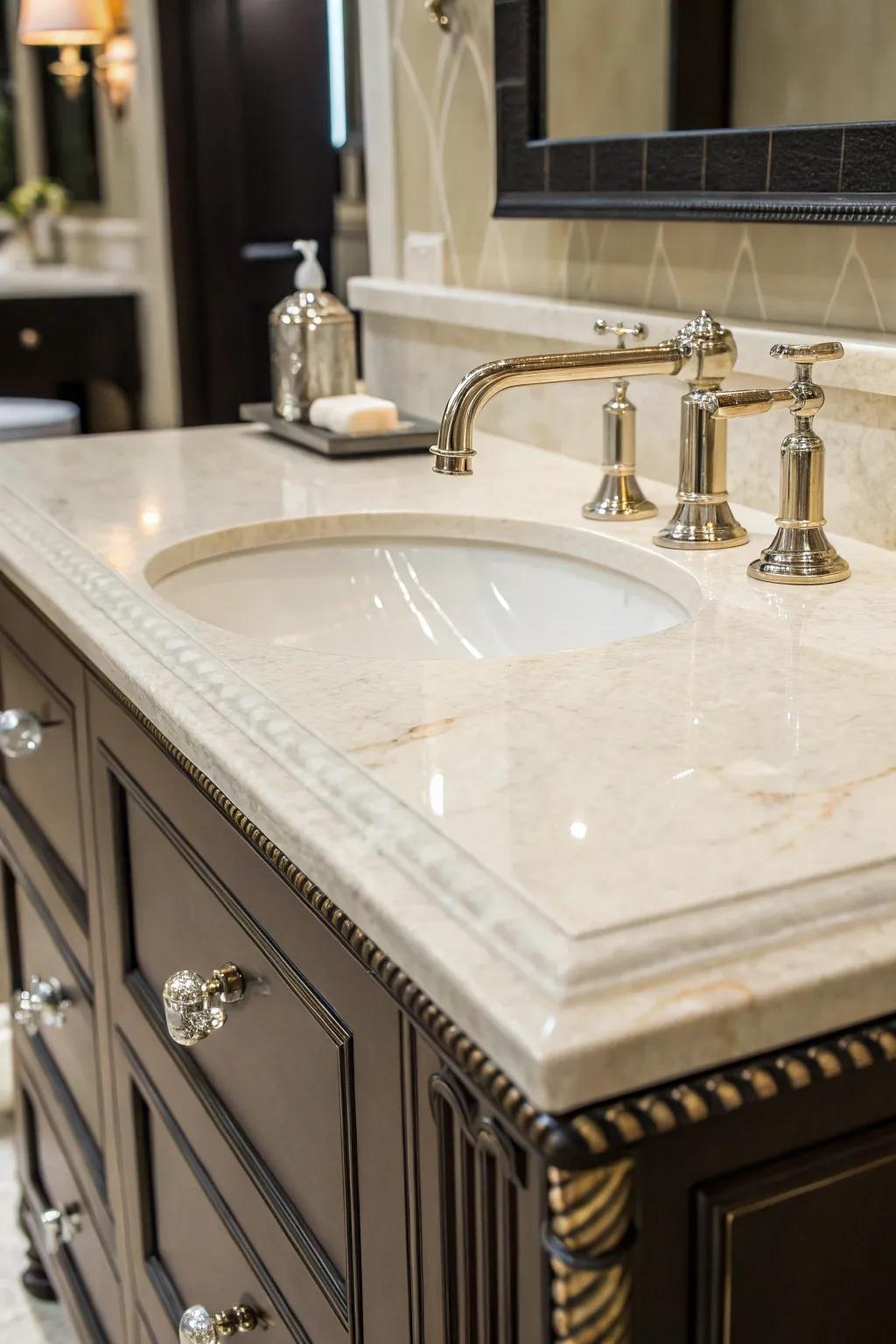 An elegant vanity paired with crema marfil marble.