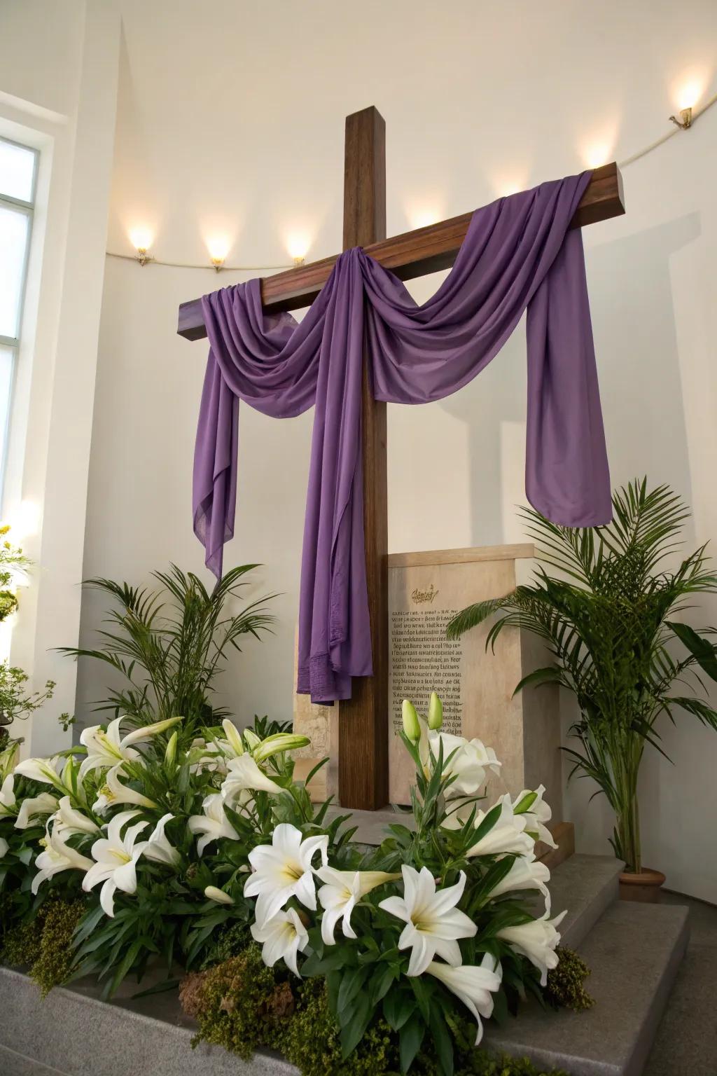 Cross with a purple drape and Easter lilies