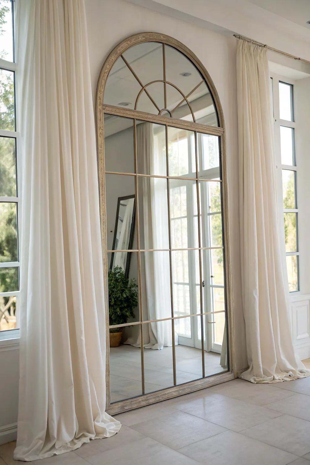 Curtains paired with a mirror for a spacious feel.