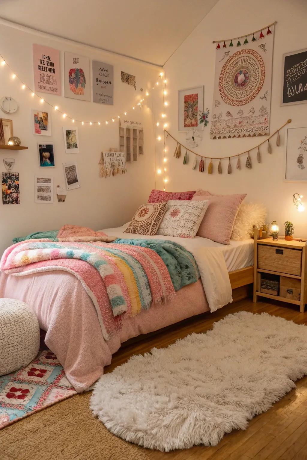 A cozy teen room with soft textiles for comfort.