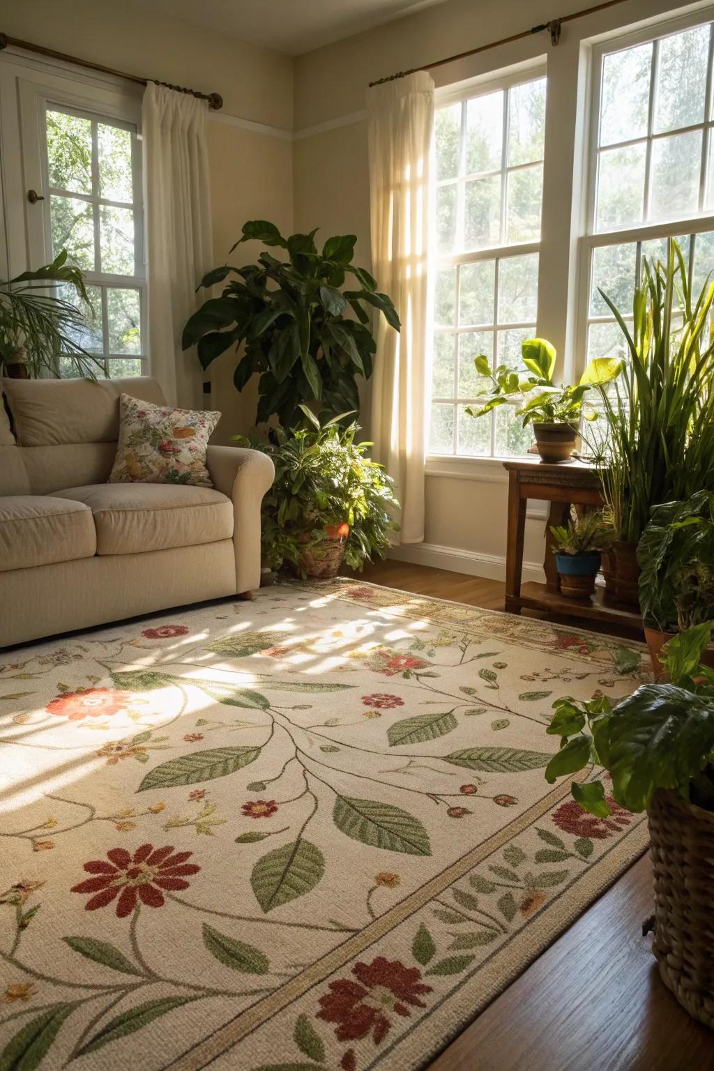 Brighten your space with floral patterned rugs.