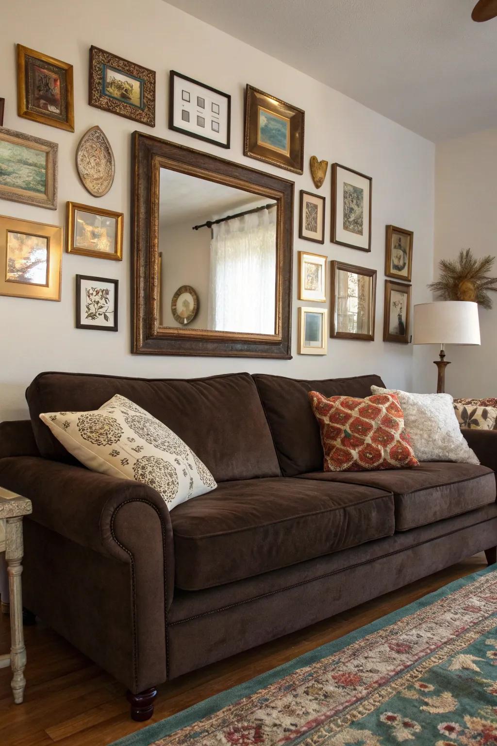 A gallery wall adds character and draws attention to your dark brown couch.