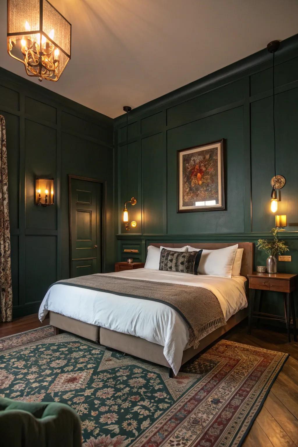 A bedroom with dark green walls illuminated by warm lighting fixtures.