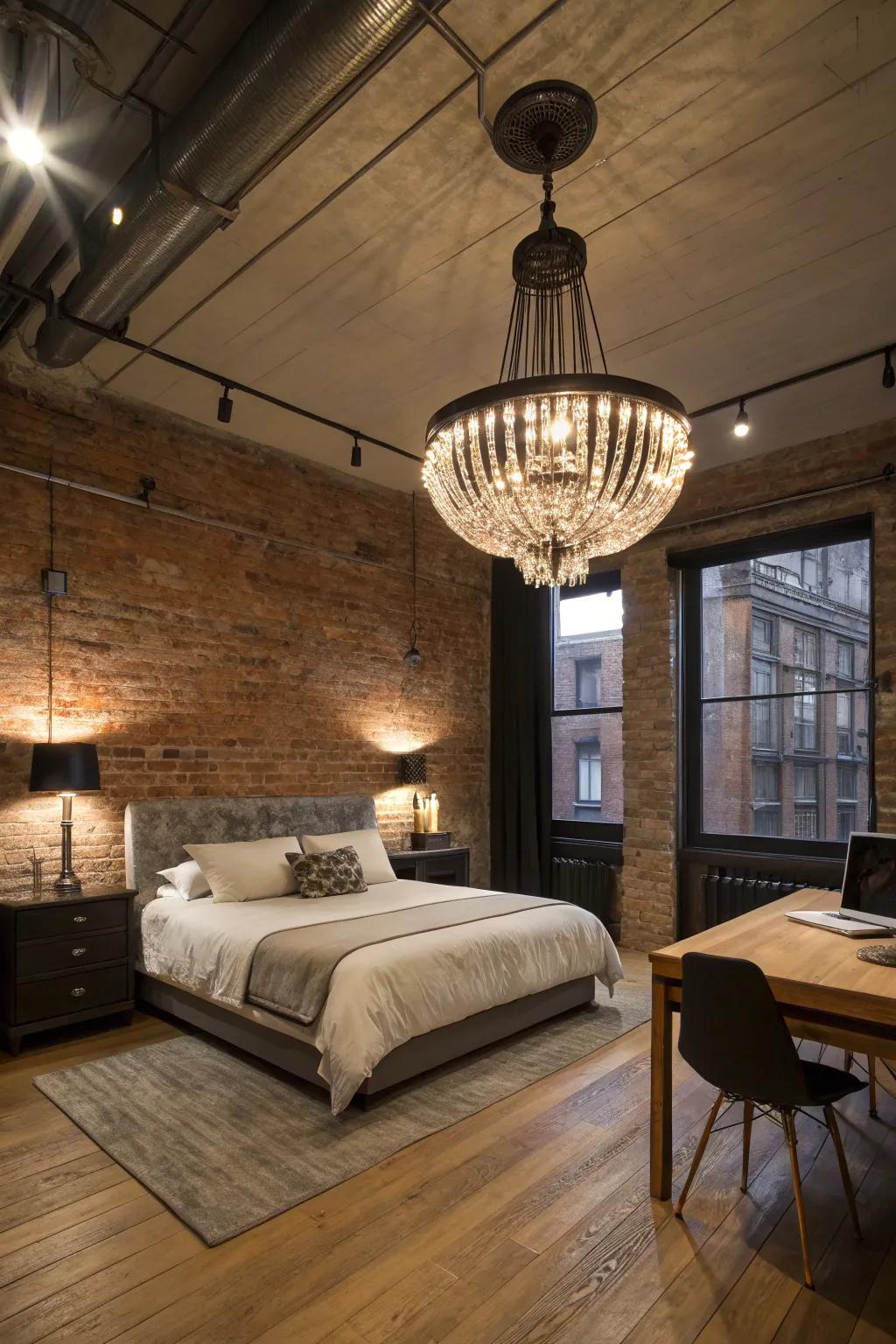 Bold lighting fixtures like industrial pendants create striking focal points.