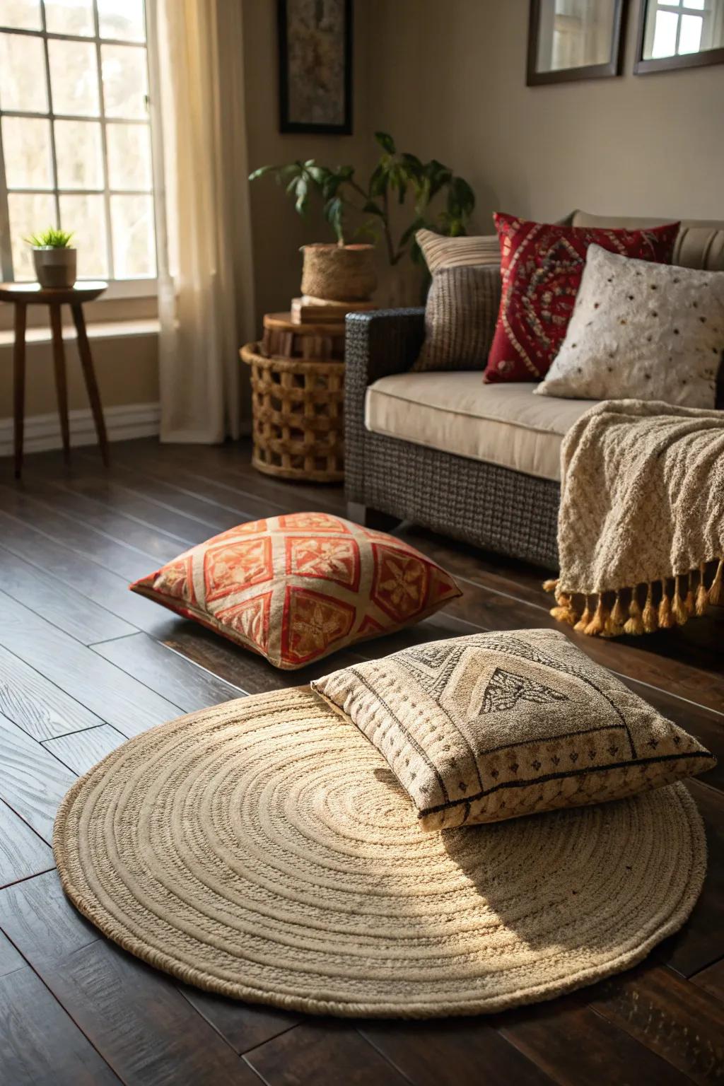 Textural elements add dimension to this living space with dark wood floors.