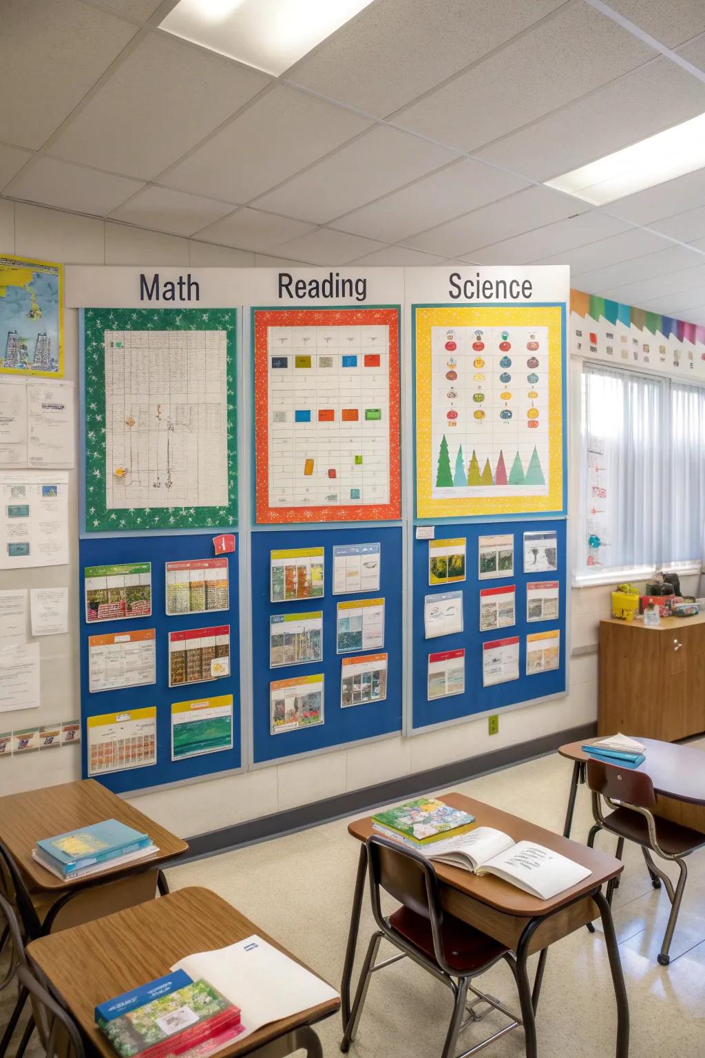 A well-organized data wall with sections for different subjects.