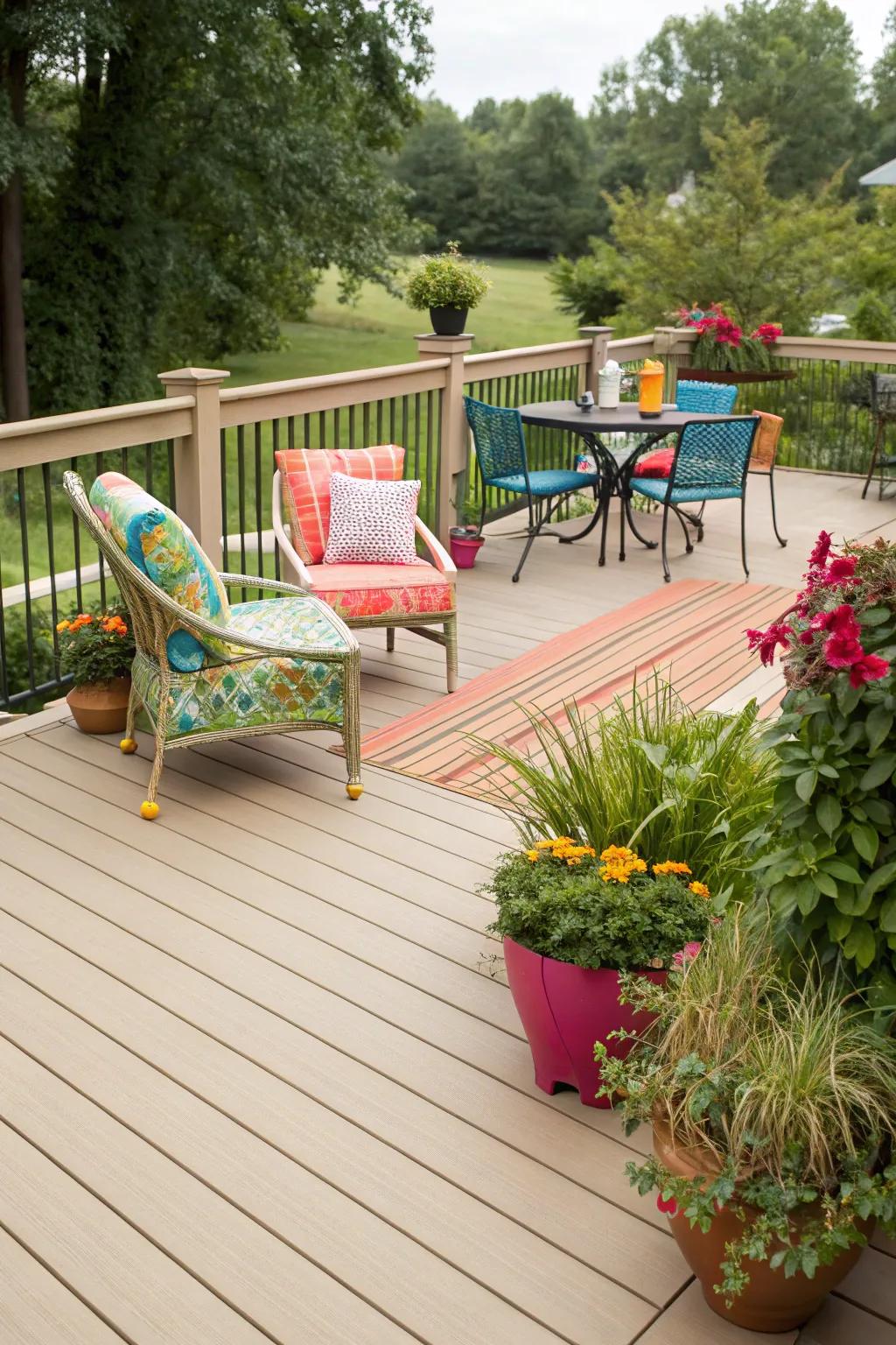 Beige decks serve as a perfect neutral backdrop.