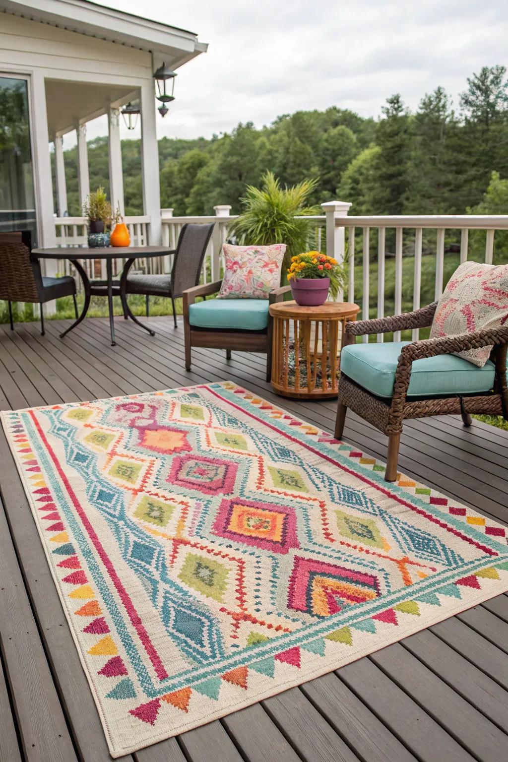 Enhance your deck with a vibrant outdoor rug.