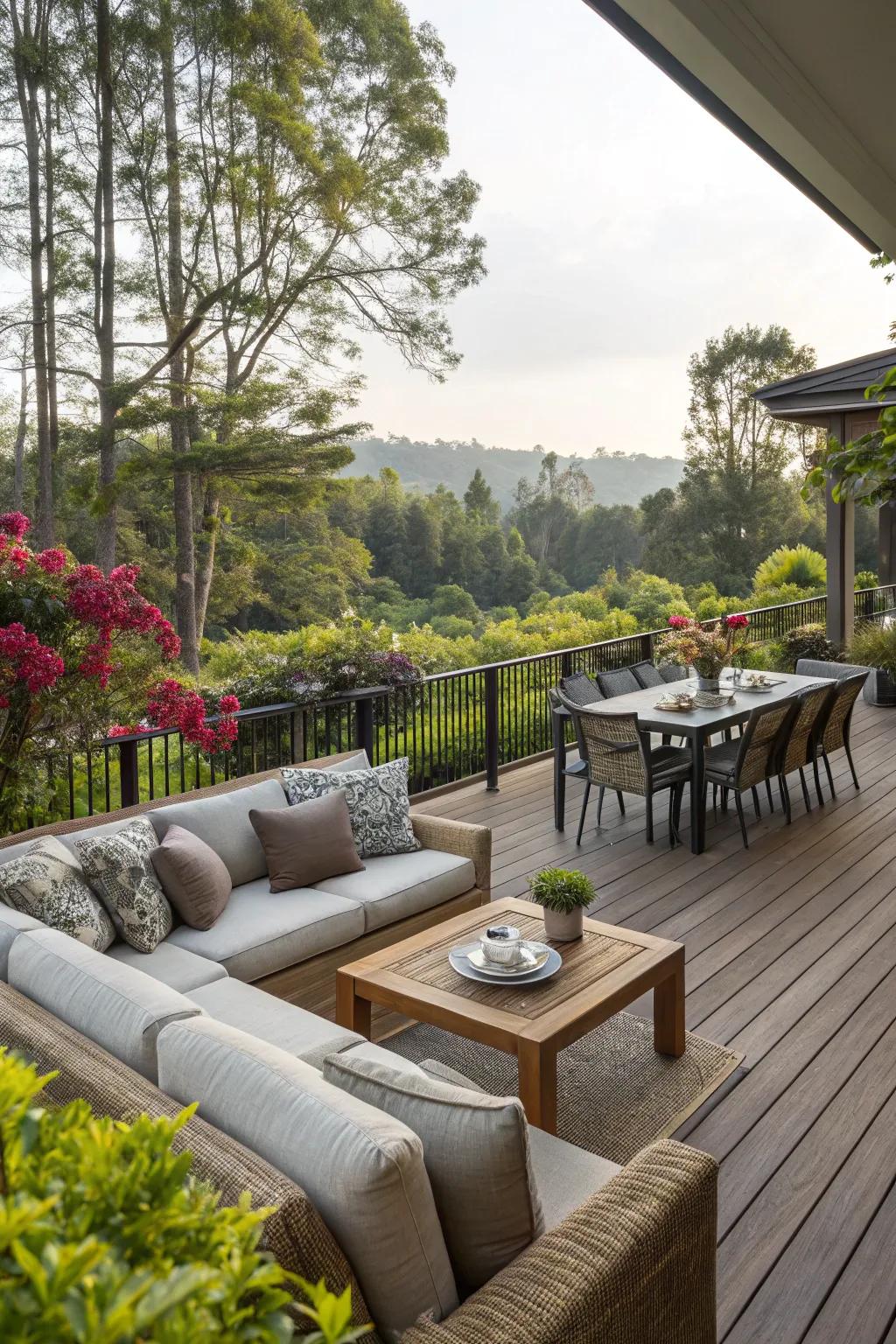 Comfortable furniture turns a deck into a welcoming retreat.