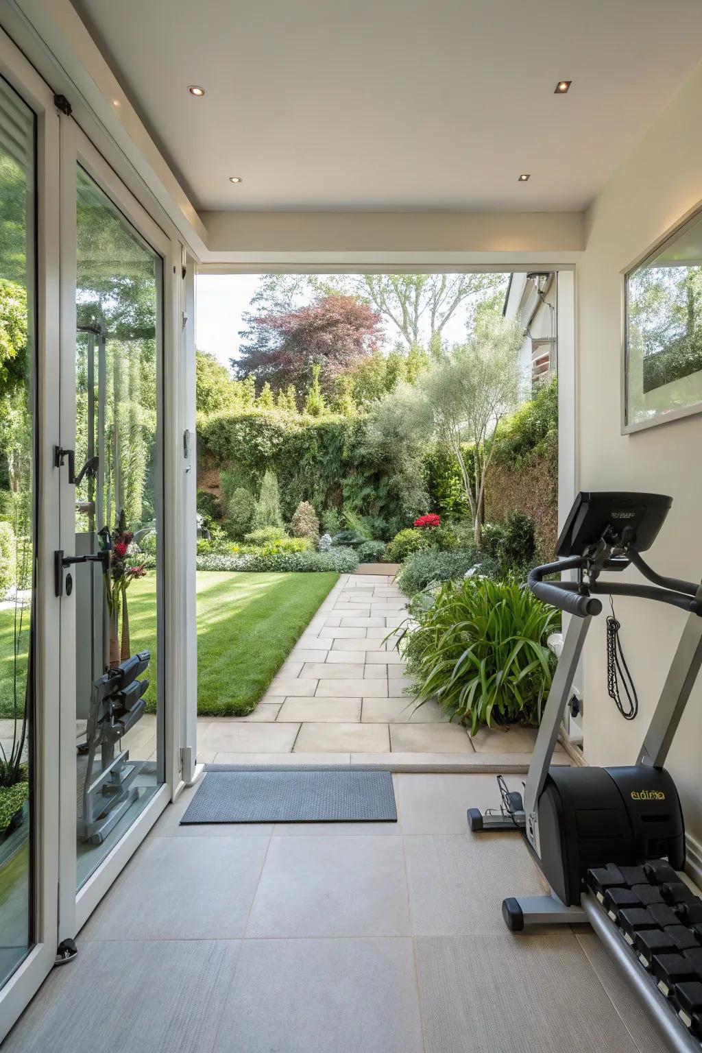 A home gym seamlessly connecting to a garden, creating a harmonious indoor-outdoor workout experience.