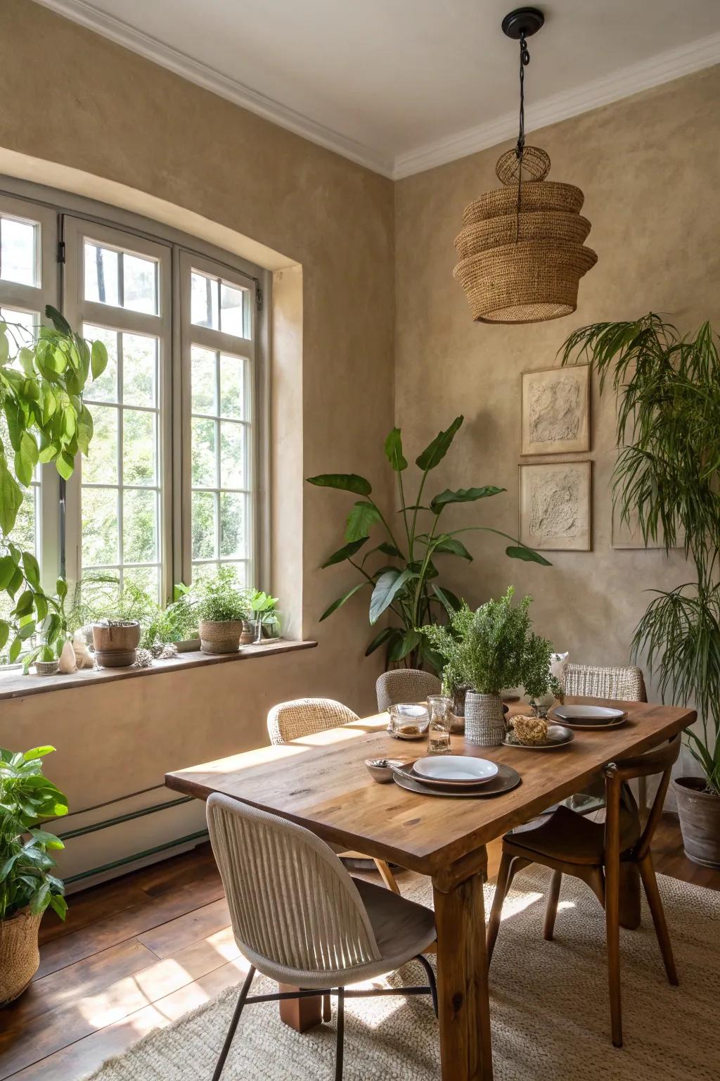 A dining room radiating warmth with earthy neutral tones.