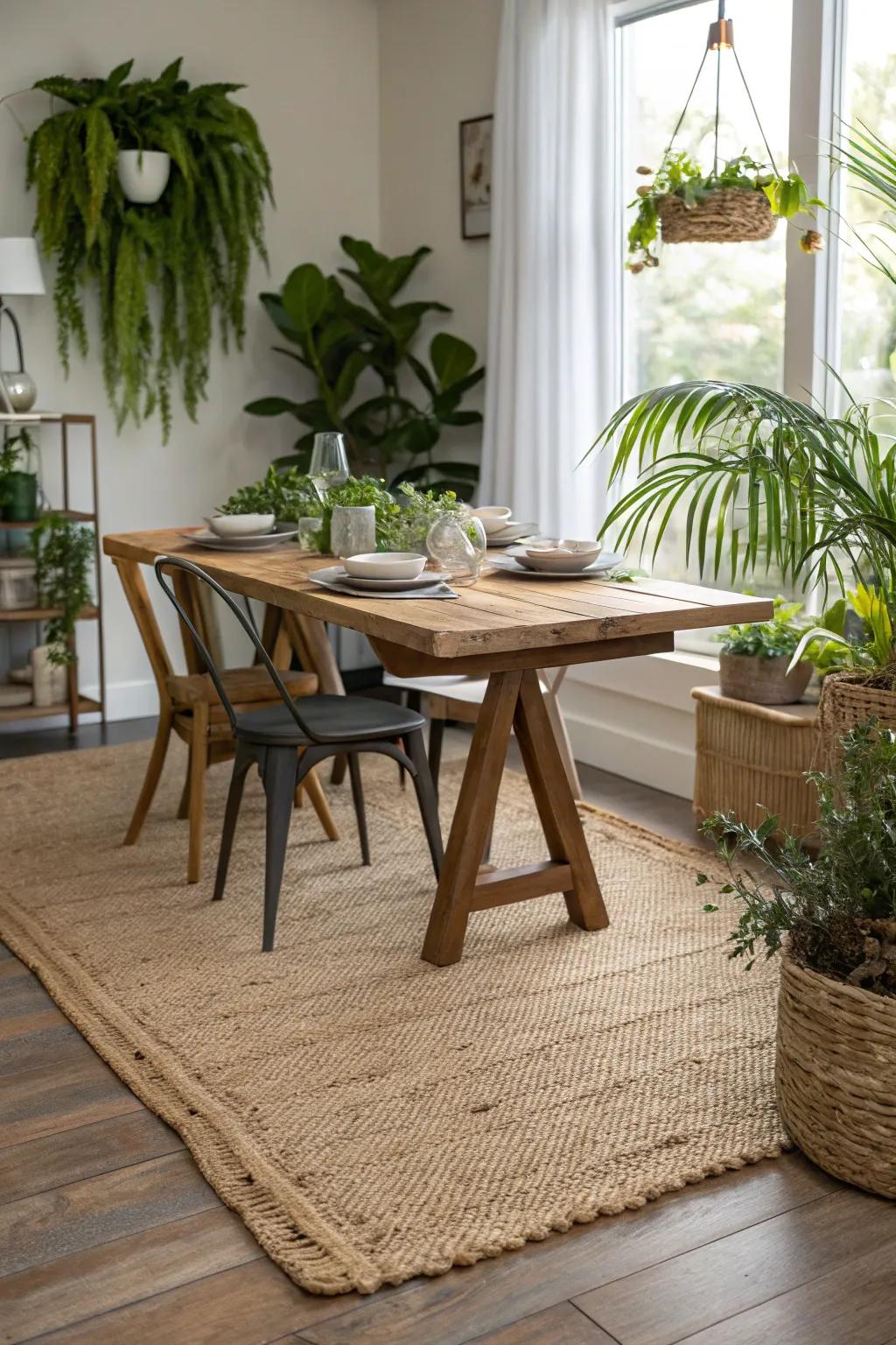 Natural fiber rugs bringing warmth and texture to the dining room.