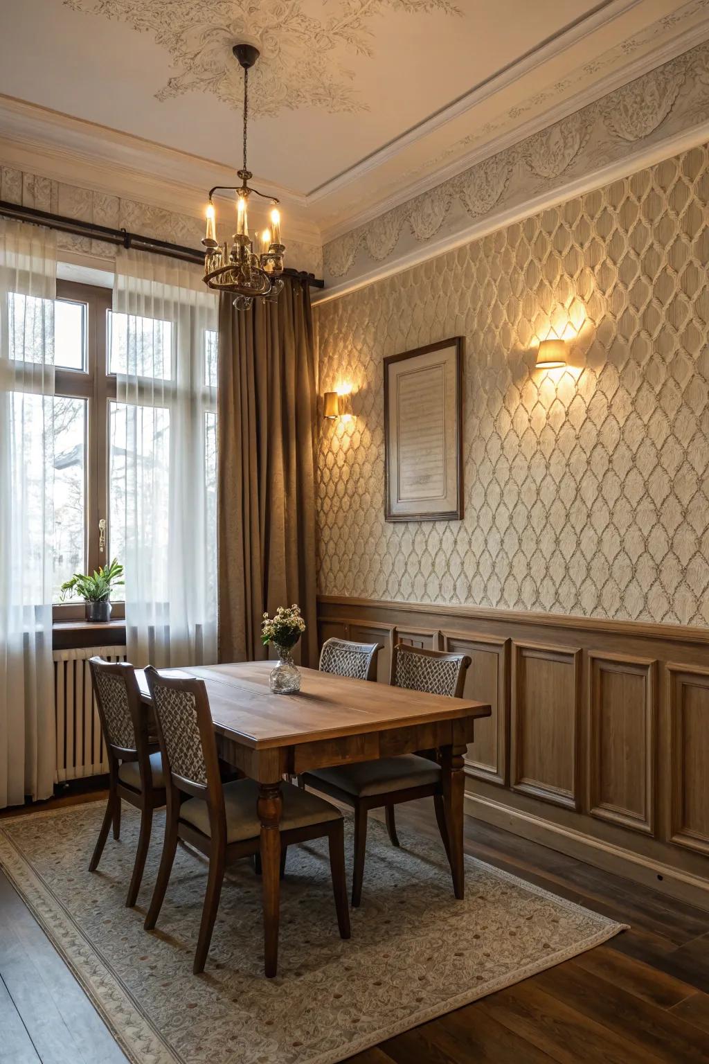 Textured wainscoting adds depth and sophistication to the dining room.