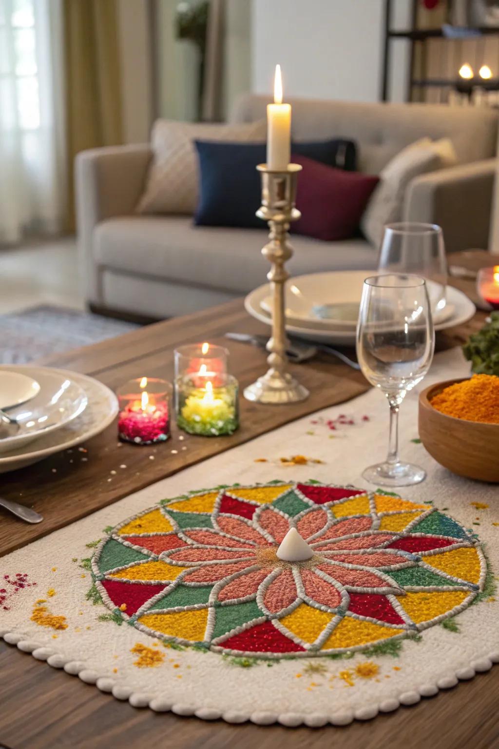 A decorative rangoli design serves as a stunning centerpiece for the Diwali table.