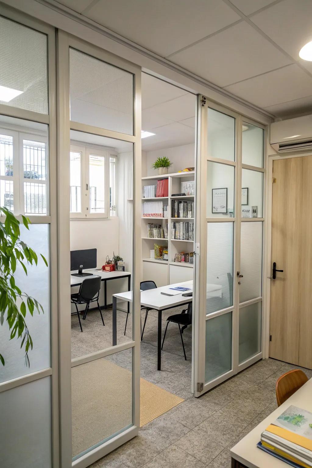 Glass doors enhance openness and light in small spaces.