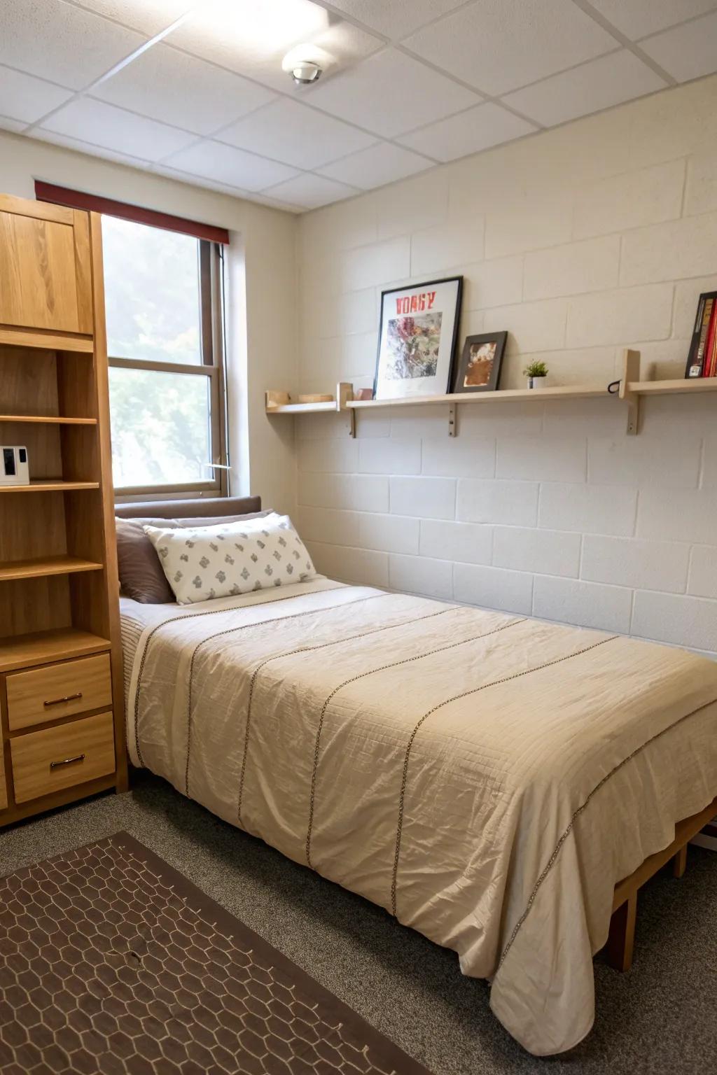 A dorm bed with minimalist, neutral-toned bedding for a sophisticated look.