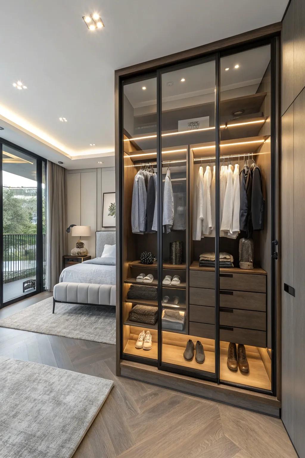 Partitioned sections within a double closet offer tailored organization for every need.