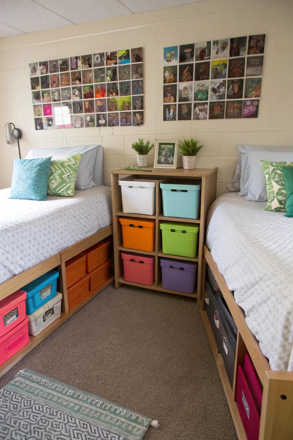 Under-bed storage keeps essentials out of sight but within reach.