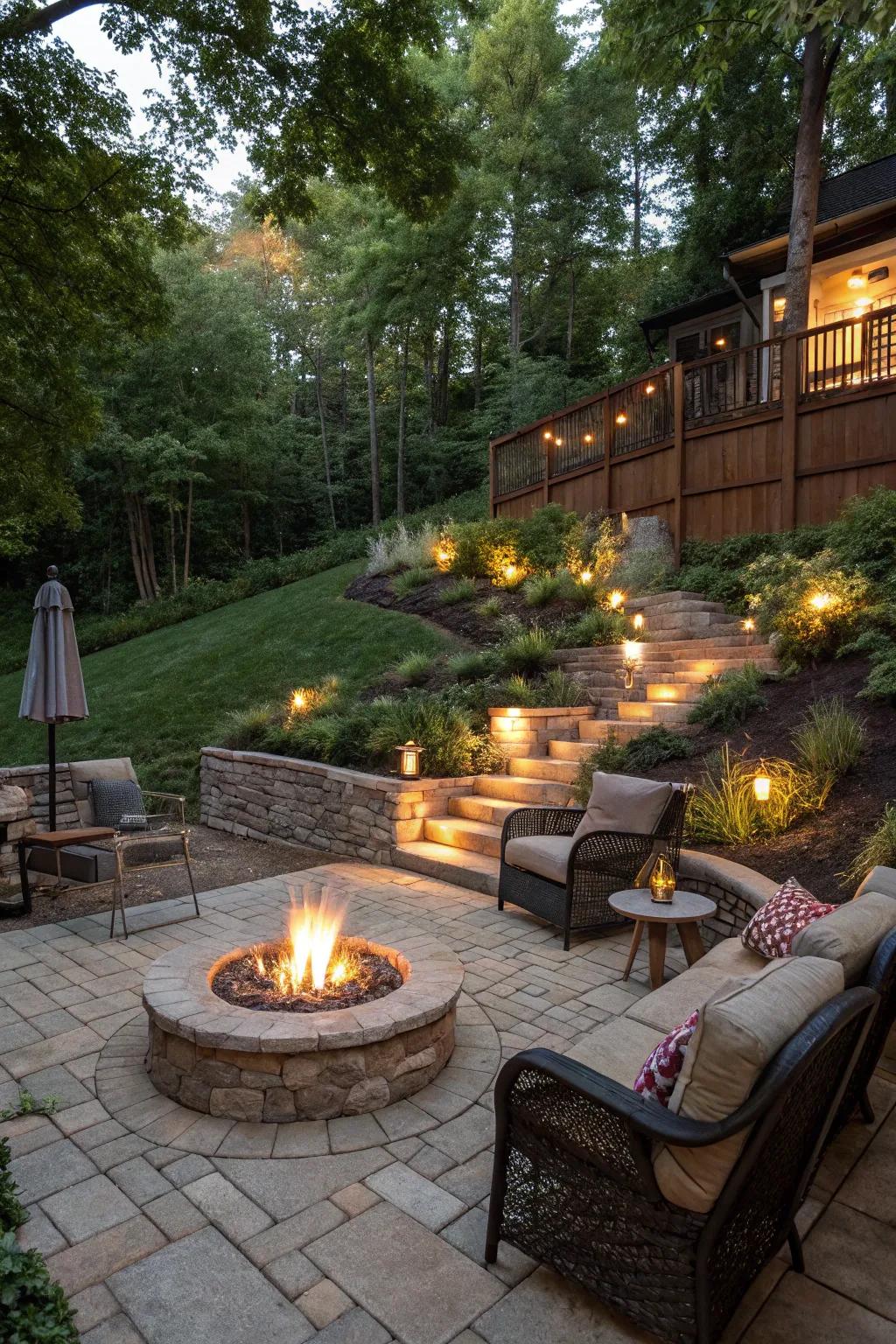 Create a warm and inviting gathering spot with a fire pit on your sloped yard.