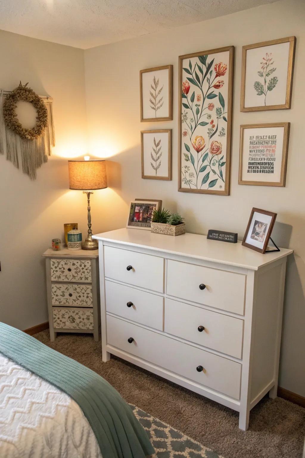 A small dresser with wall art above, creating a stylish vertical focal point.