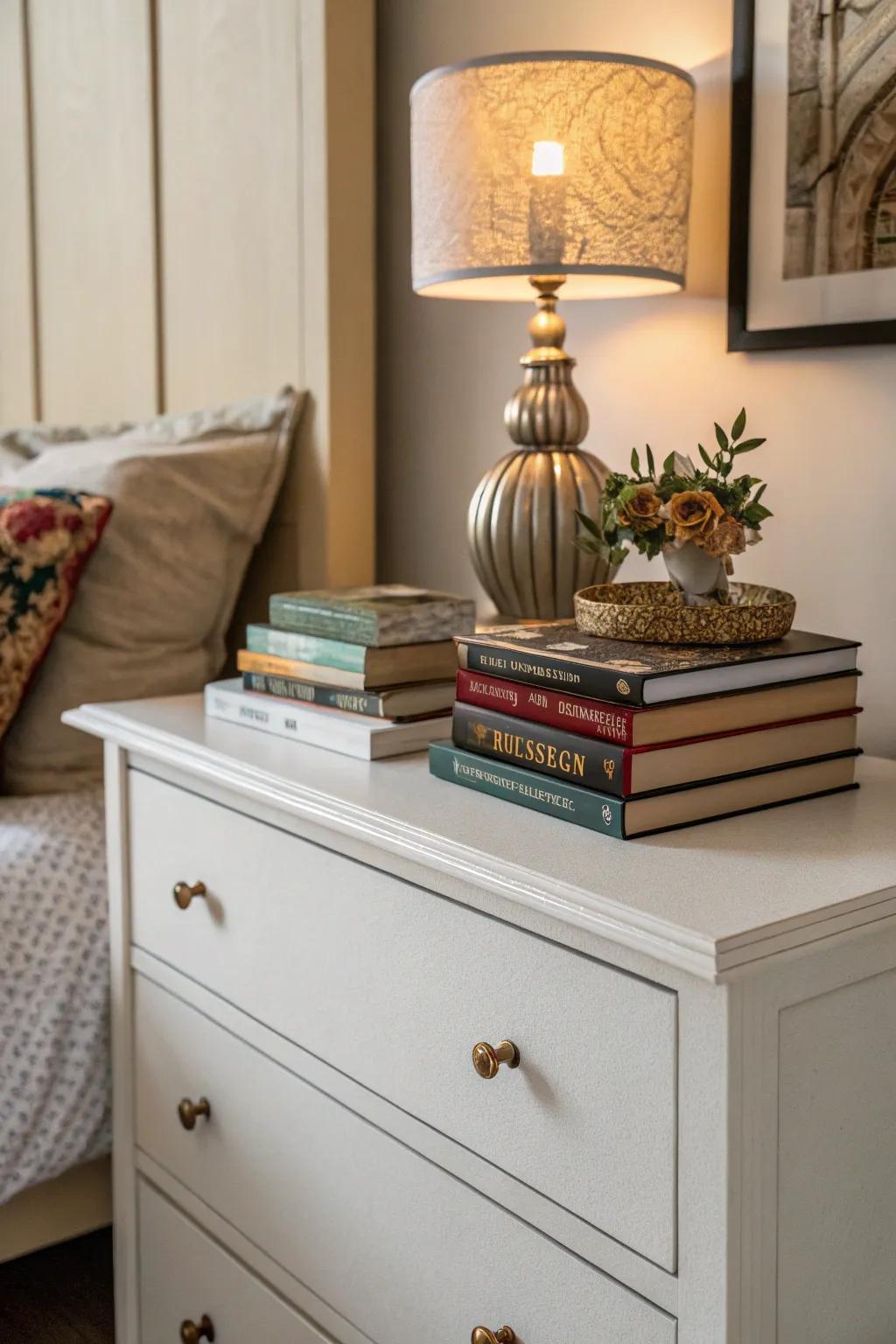 Books add layers and interest to your dresser.