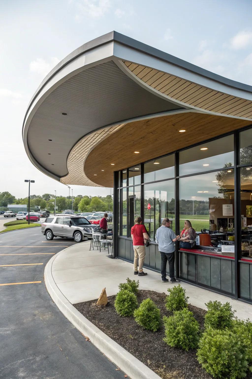 Drive-thru coffee shop with a unique architectural design featuring a curved roof.