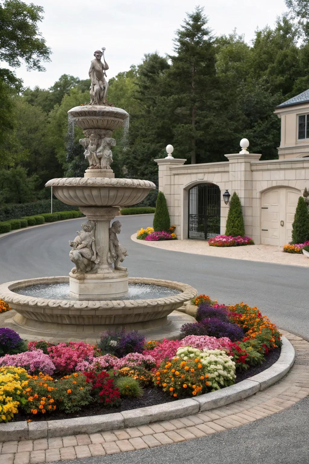 A tiered fountain with sculptures adds artistic charm.