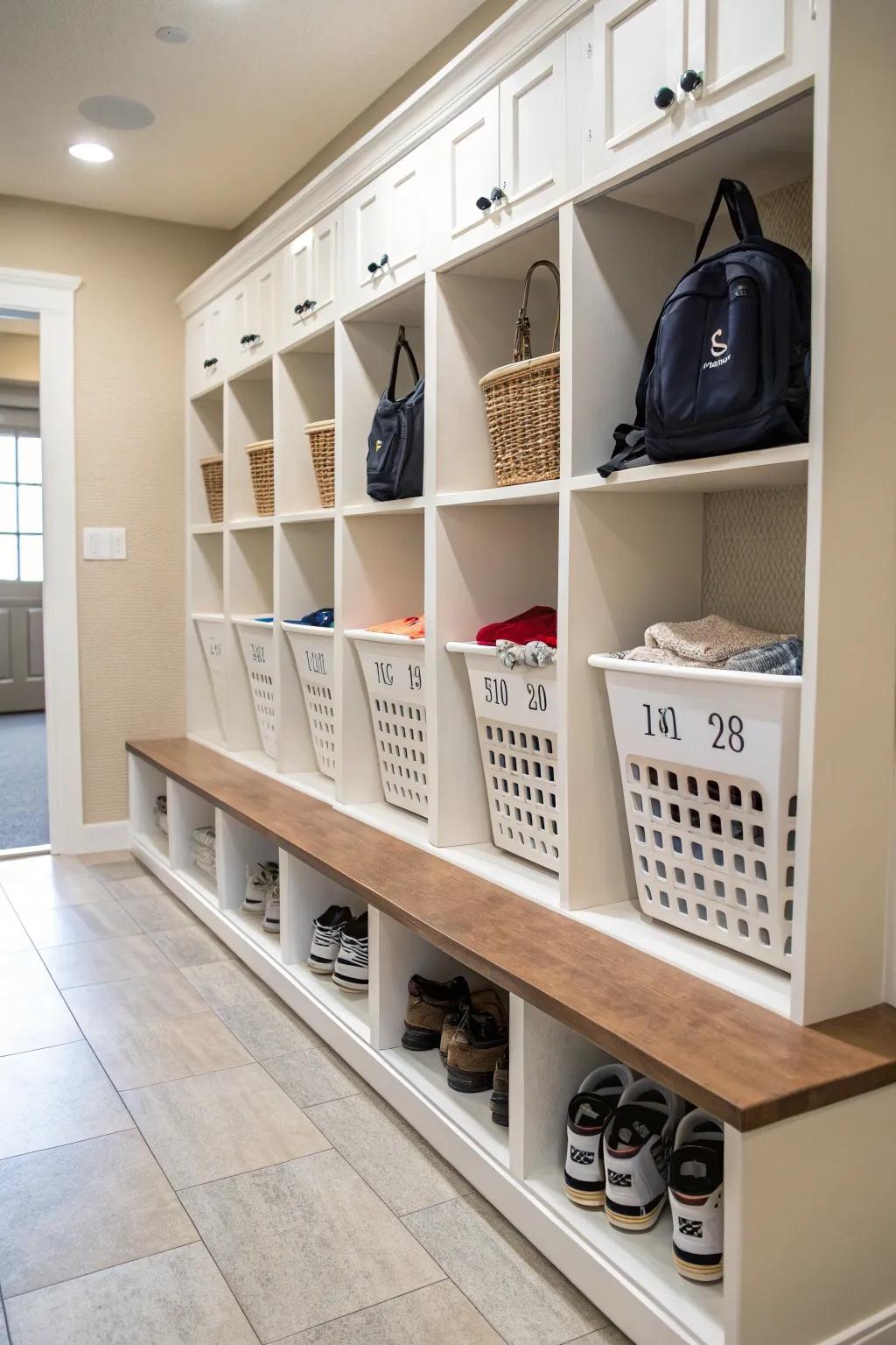 Labeled baskets in cubbies keep items organized.