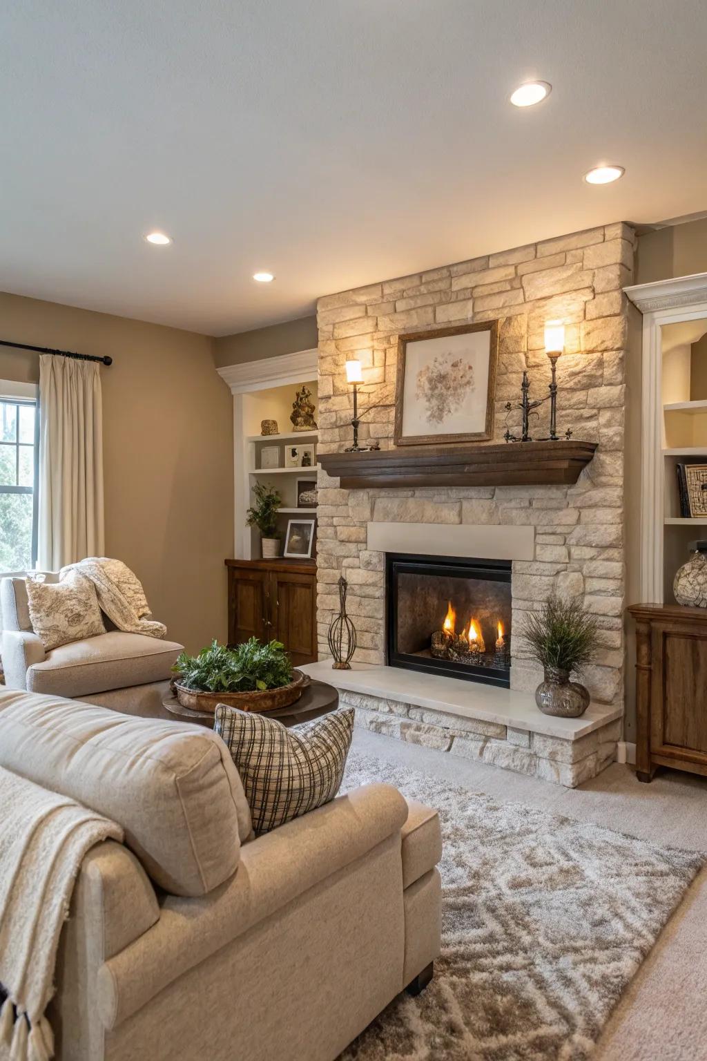 A drywall fireplace that blends effortlessly with neutral decor.