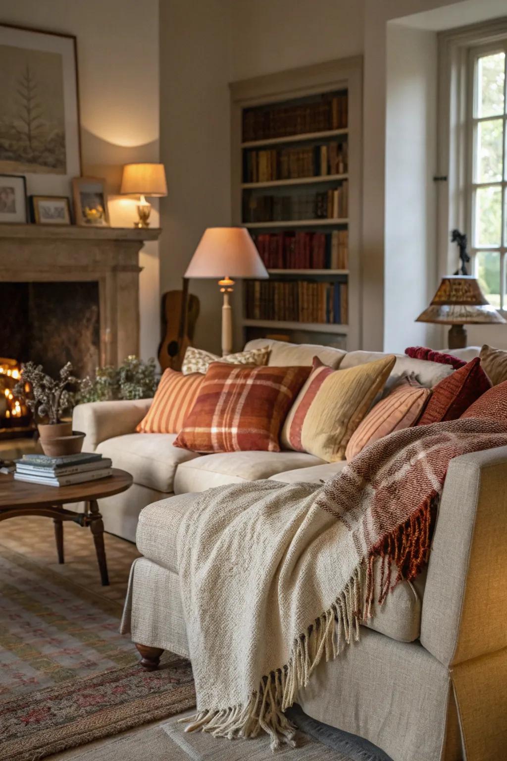 Living room with layered textiles for added texture.