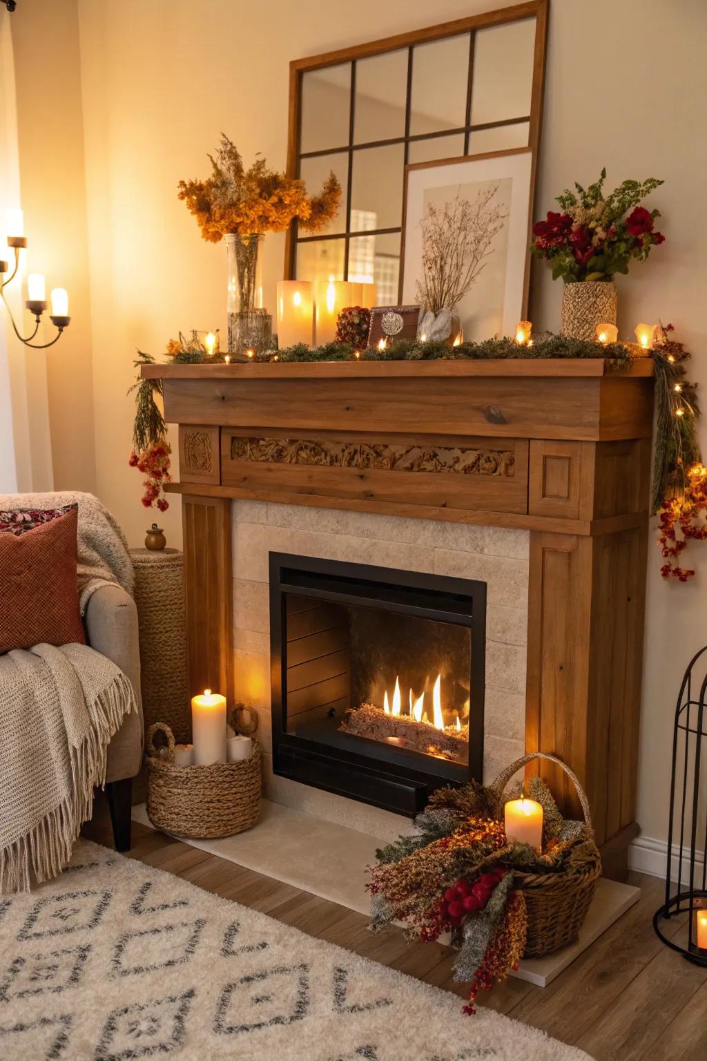 A wooden mantel adds a classic touch to an electric fireplace.