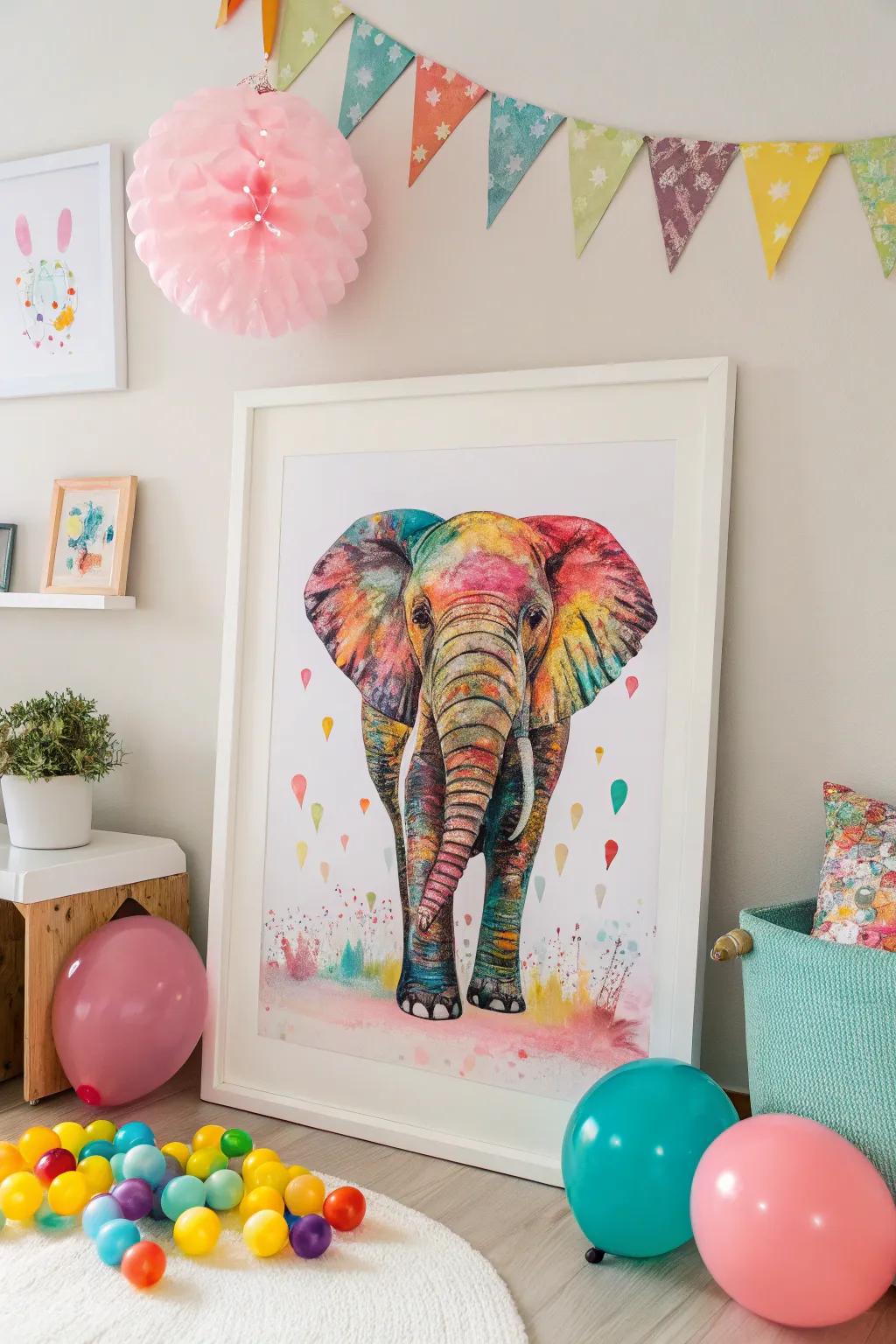 Colorful elephant prints are perfect for adding joy to a nursery.