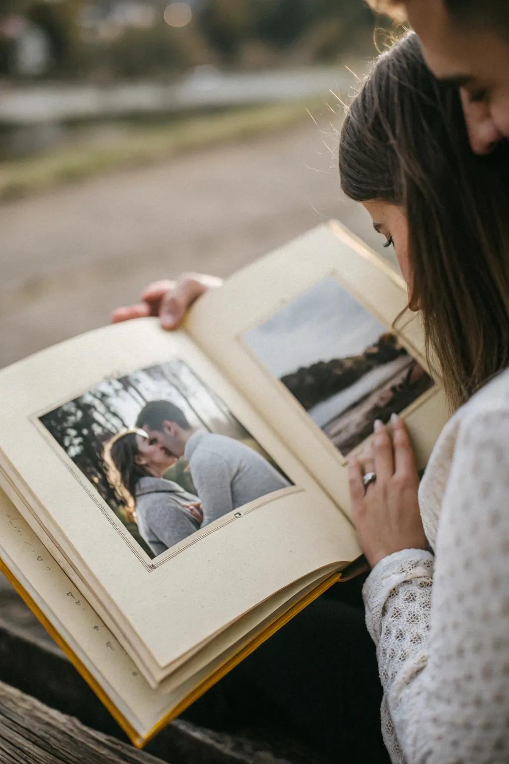 A close-up of a couple's tender moment captured in a photo book.